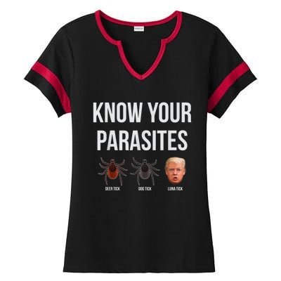 Know Your Parasites Dump President Trump Parasite Lunatic Ladies Halftime Notch Neck Tee