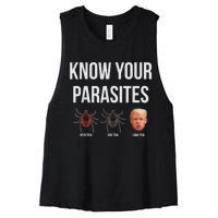 Know Your Parasites Dump President Trump Parasite Lunatic Women's Racerback Cropped Tank