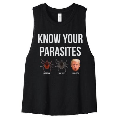 Know Your Parasites Dump President Trump Parasite Lunatic Women's Racerback Cropped Tank