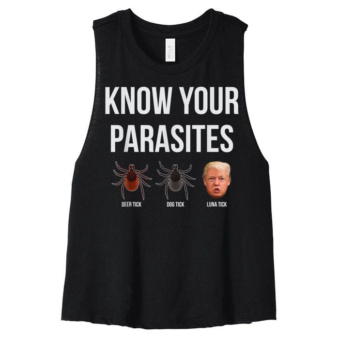 Know Your Parasites Dump President Trump Parasite Lunatic Women's Racerback Cropped Tank