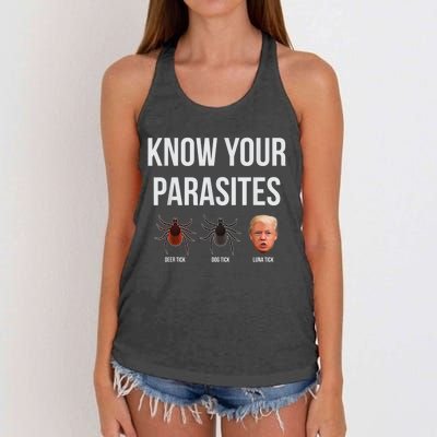 Know Your Parasites Dump President Trump Parasite Lunatic Women's Knotted Racerback Tank