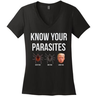 Know Your Parasites Dump President Trump Parasite Lunatic Women's V-Neck T-Shirt