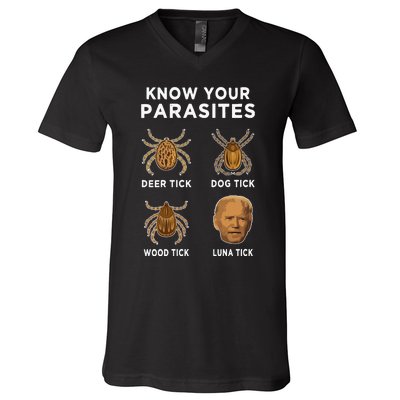 Know Your Parasites Funny Anti Joe Biden On Back V-Neck T-Shirt