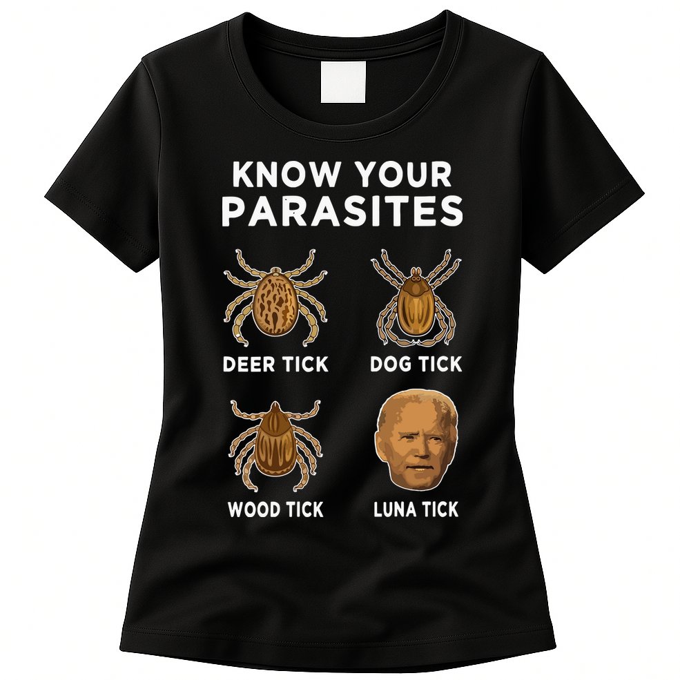 Know Your Parasites Funny Anti Joe Biden On Back Womens T-Shirt