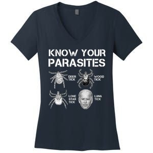 Know Your Parasites Anti Joe Biden Funny Women's V-Neck T-Shirt