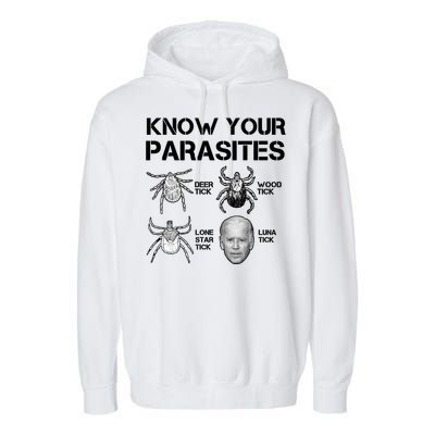 Know Your Parasites Anti Joe Biden Funny Garment-Dyed Fleece Hoodie