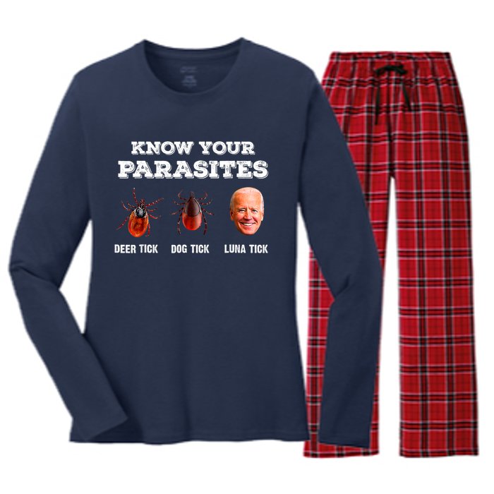 Know Your Parasites Anti Joe Biden Deer Tick, Dog Tick Women's Long Sleeve Flannel Pajama Set 