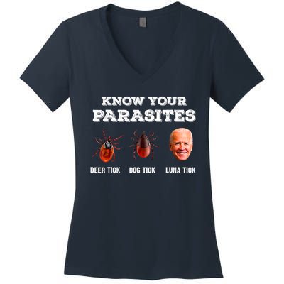 Know Your Parasites Anti Joe Biden Deer Tick, Dog Tick Women's V-Neck T-Shirt