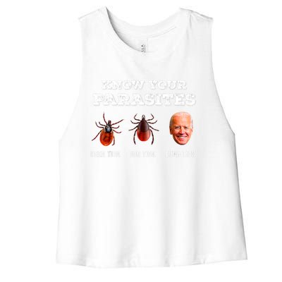 Know Your Parasites Anti Joe Biden Deer Tick, Dog Tick Women's Racerback Cropped Tank