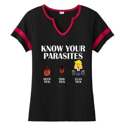 Know Your Parasites Anti Trump Democrat Vote Kamala Ladies Halftime Notch Neck Tee