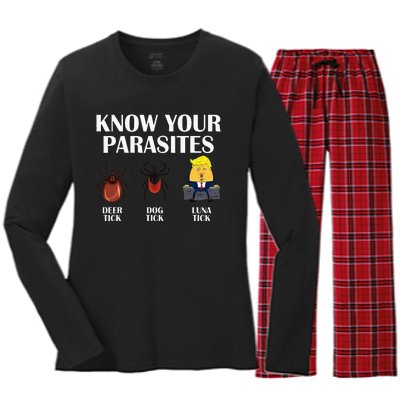 Know Your Parasites Anti Trump Democrat Vote Kamala Women's Long Sleeve Flannel Pajama Set 