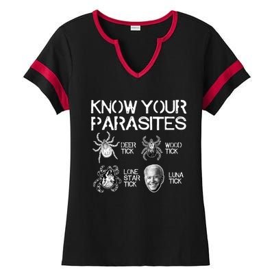 Know Your Parasites Tick Biden (On Back) TShirt Ladies Halftime Notch Neck Tee