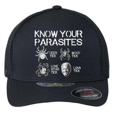 Know Your Parasites Tick Biden (On Back) TShirt Flexfit Unipanel Trucker Cap