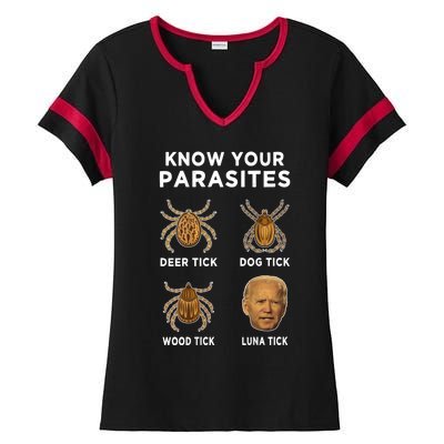 Know Your Parasites Funny Anti Joe Biden (On Back) Ladies Halftime Notch Neck Tee