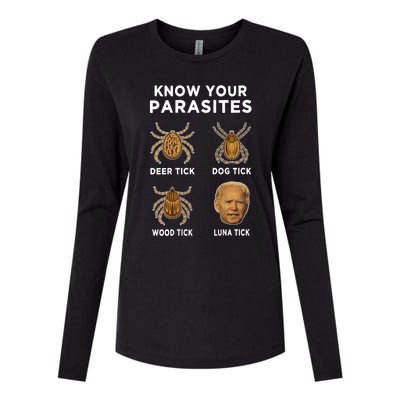 Know Your Parasites Funny Anti Joe Biden (On Back) Womens Cotton Relaxed Long Sleeve T-Shirt