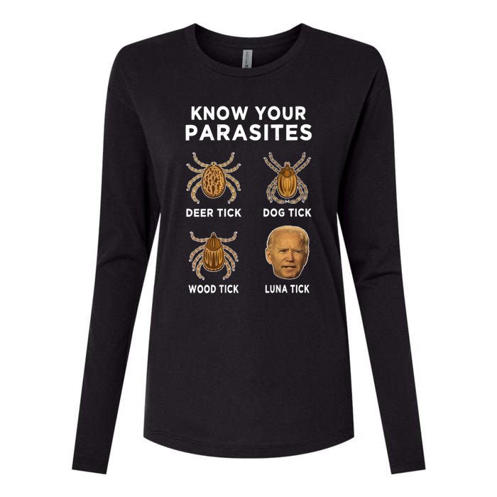 Know Your Parasites Funny Anti Joe Biden (On Back) Womens Cotton Relaxed Long Sleeve T-Shirt