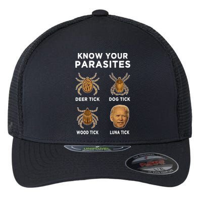 Know Your Parasites Funny Anti Joe Biden (On Back) Flexfit Unipanel Trucker Cap