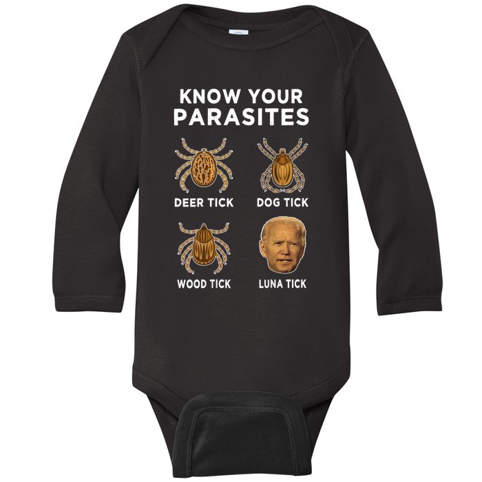 Know Your Parasites Funny Anti Joe Biden (On Back) Baby Long Sleeve Bodysuit