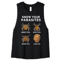 Know Your Parasites Funny Anti Joe Biden (On Back) Women's Racerback Cropped Tank