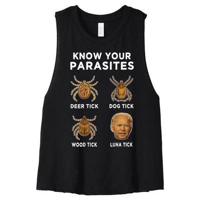 Know Your Parasites Funny Anti Joe Biden (On Back) Women's Racerback Cropped Tank