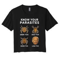 Know Your Parasites Funny Anti Joe Biden (On Back) Women's Crop Top Tee