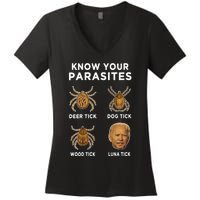 Know Your Parasites Funny Anti Joe Biden (On Back) Women's V-Neck T-Shirt