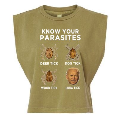 Know Your Parasites Funny Anti Joe Biden (On Back) Garment-Dyed Women's Muscle Tee