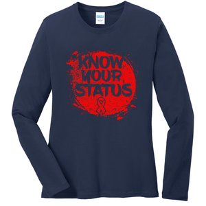 Know Your Status World Hiv Aids Awareness Day Red Ribbon Ladies Long Sleeve Shirt