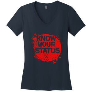 Know Your Status World Hiv Aids Awareness Day Red Ribbon Women's V-Neck T-Shirt