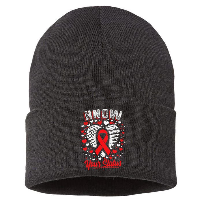 Know Your Status Red Ribbon Hiv & Aids Awareness Virus Sustainable Knit Beanie