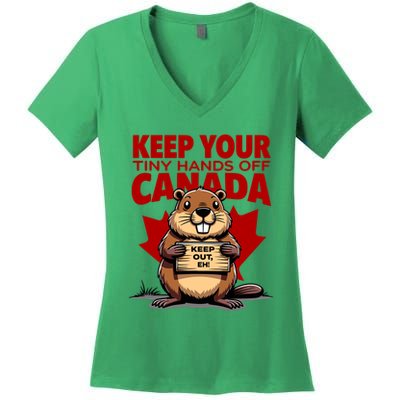 Keep Your Tiny Hands Off Canada Is Not For Sale Funny Women's V-Neck T-Shirt