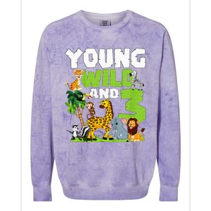 Kids Young Wild And 3 Safari Animal Themed 3rd Birthday Party Colorblast Crewneck Sweatshirt