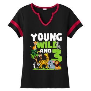 Kids Young Wild And 3 Safari Animal Themed 3rd Birthday Party Ladies Halftime Notch Neck Tee