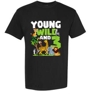 Kids Young Wild And 3 Safari Animal Themed 3rd Birthday Party Garment-Dyed Heavyweight T-Shirt