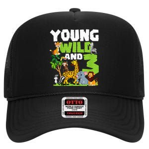 Kids Young Wild And 3 Safari Animal Themed 3rd Birthday Party High Crown Mesh Back Trucker Hat