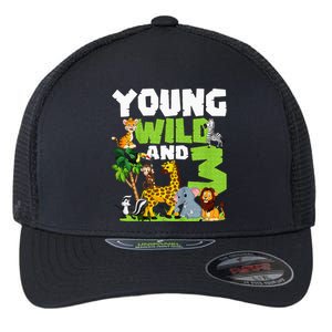 Kids Young Wild And 3 Safari Animal Themed 3rd Birthday Party Flexfit Unipanel Trucker Cap