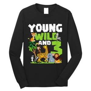 Kids Young Wild And 3 Safari Animal Themed 3rd Birthday Party Long Sleeve Shirt