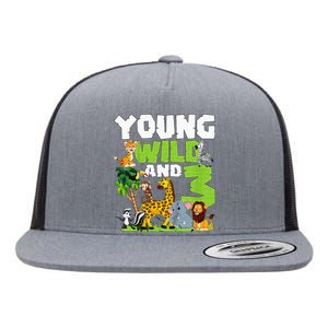 Kids Young Wild And 3 Safari Animal Themed 3rd Birthday Party Flat Bill Trucker Hat