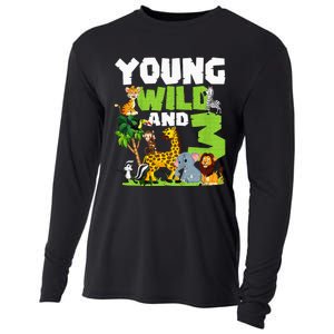 Kids Young Wild And 3 Safari Animal Themed 3rd Birthday Party Cooling Performance Long Sleeve Crew