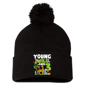 Kids Young Wild And 3 Safari Animal Themed 3rd Birthday Party Pom Pom 12in Knit Beanie