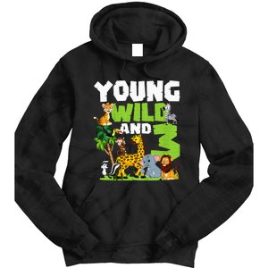 Kids Young Wild And 3 Safari Animal Themed 3rd Birthday Party Tie Dye Hoodie