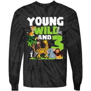 Kids Young Wild And 3 Safari Animal Themed 3rd Birthday Party Tie-Dye Long Sleeve Shirt