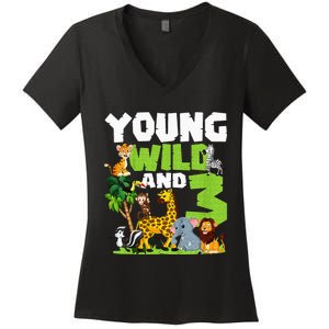 Kids Young Wild And 3 Safari Animal Themed 3rd Birthday Party Women's V-Neck T-Shirt