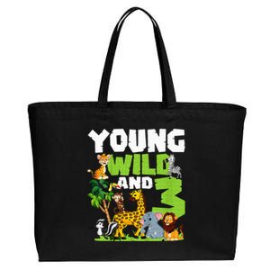 Kids Young Wild And 3 Safari Animal Themed 3rd Birthday Party Cotton Canvas Jumbo Tote