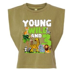 Kids Young Wild And 3 Safari Animal Themed 3rd Birthday Party Garment-Dyed Women's Muscle Tee