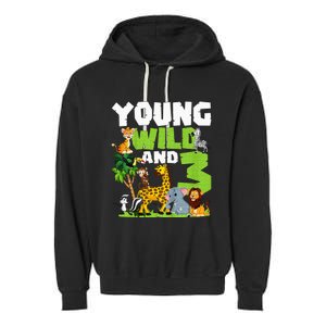 Kids Young Wild And 3 Safari Animal Themed 3rd Birthday Party Garment-Dyed Fleece Hoodie