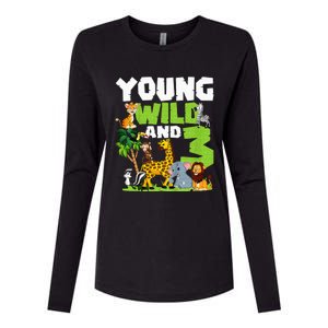 Kids Young Wild And 3 Safari Animal Themed 3rd Birthday Party Womens Cotton Relaxed Long Sleeve T-Shirt