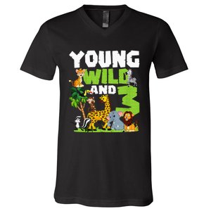 Kids Young Wild And 3 Safari Animal Themed 3rd Birthday Party V-Neck T-Shirt