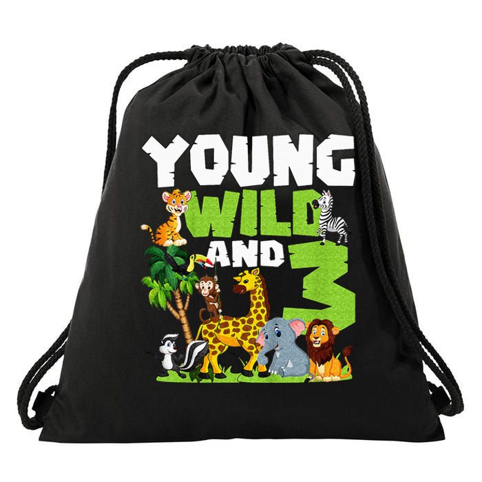 Kids Young Wild And 3 Safari Animal Themed 3rd Birthday Party Drawstring Bag