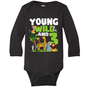 Kids Young Wild And 3 Safari Animal Themed 3rd Birthday Party Baby Long Sleeve Bodysuit